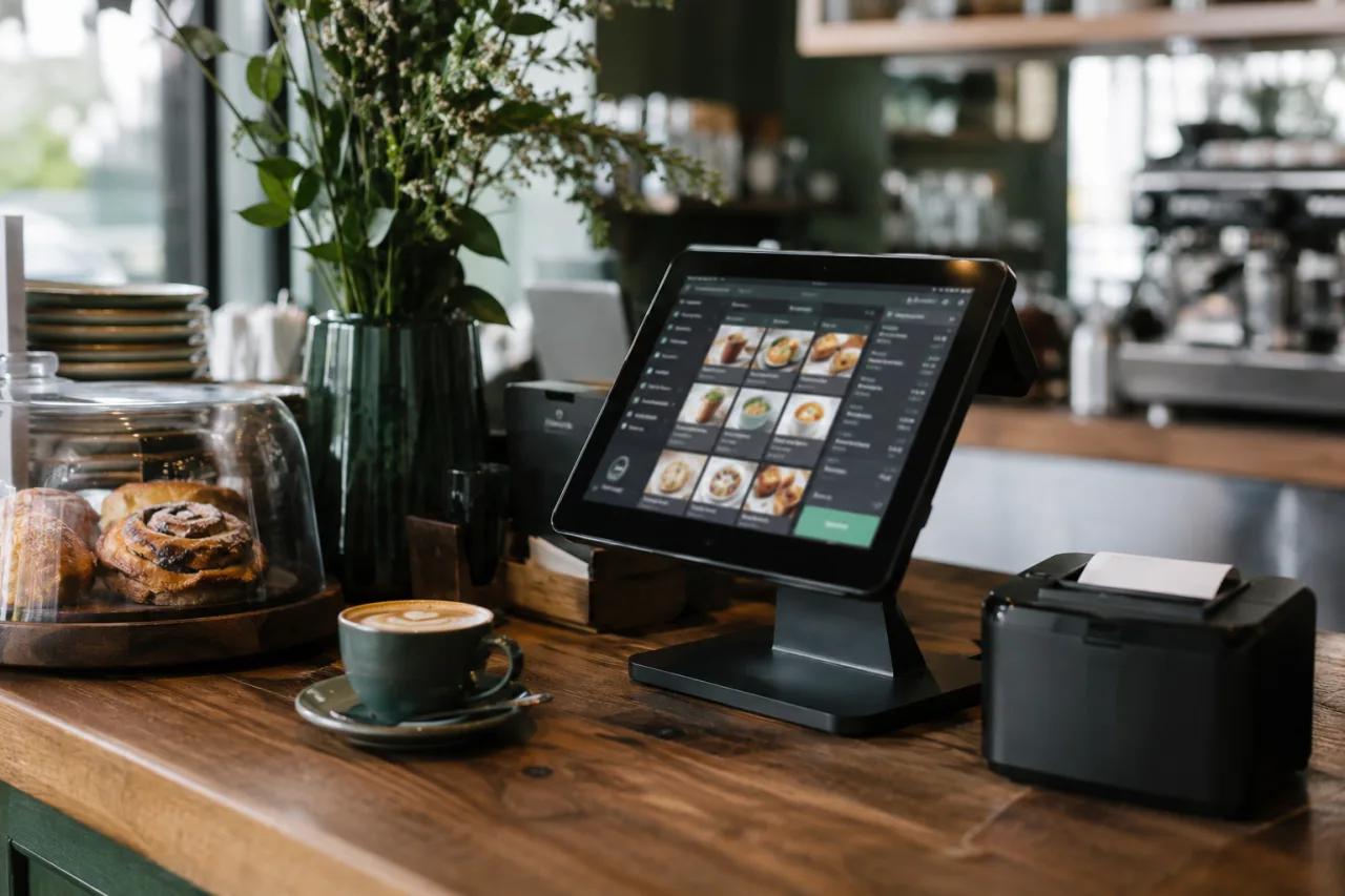 Eine Kasse auf dem Tresen eines Cafés