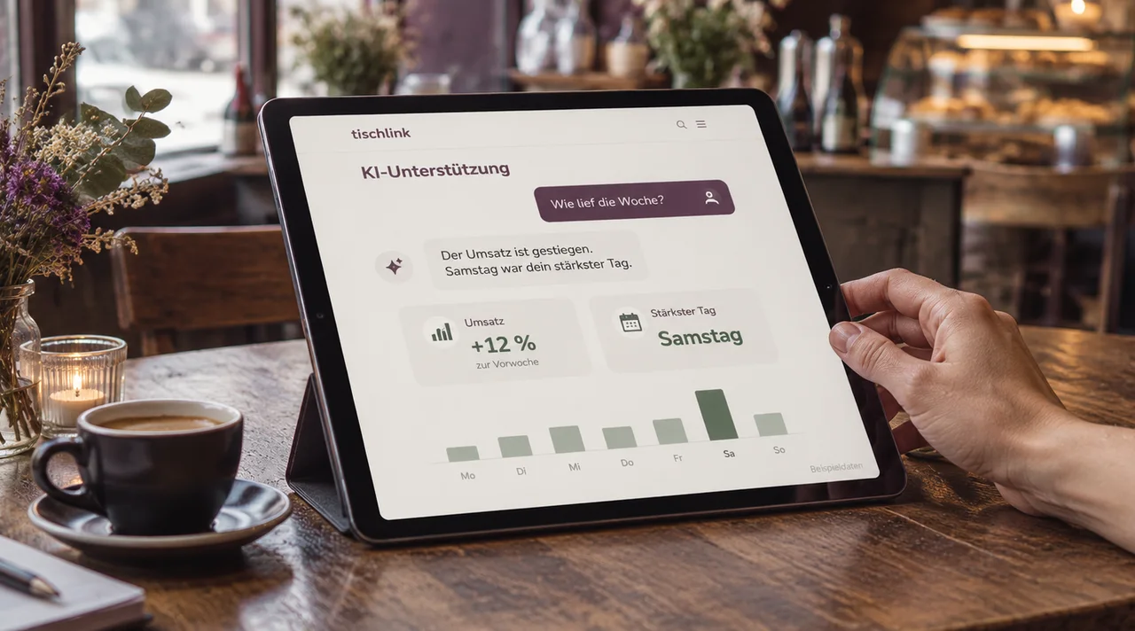 Eine Gastronomin arbeitet am Laptop
