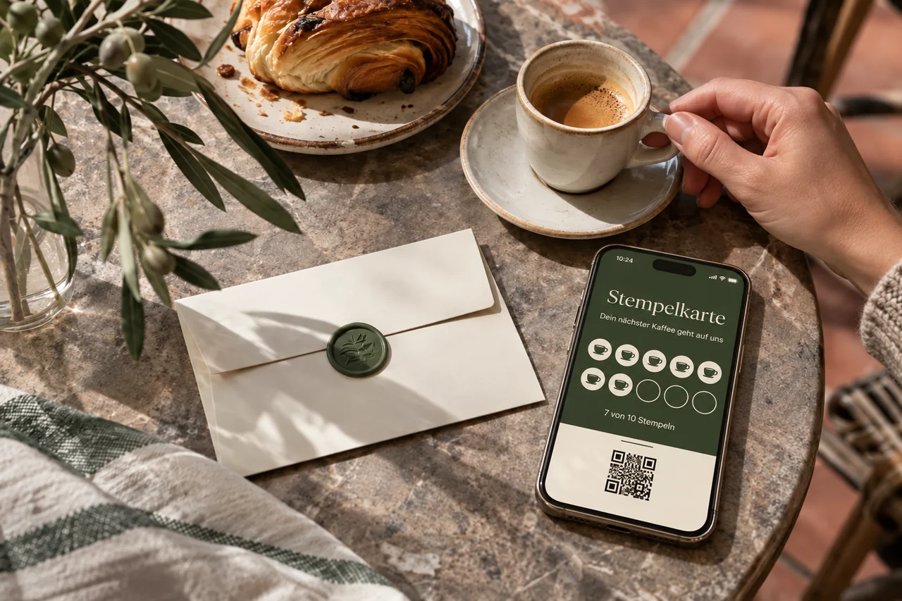 Digitale Stempelkarte auf einem Smartphone neben einem Gutschein im Café
