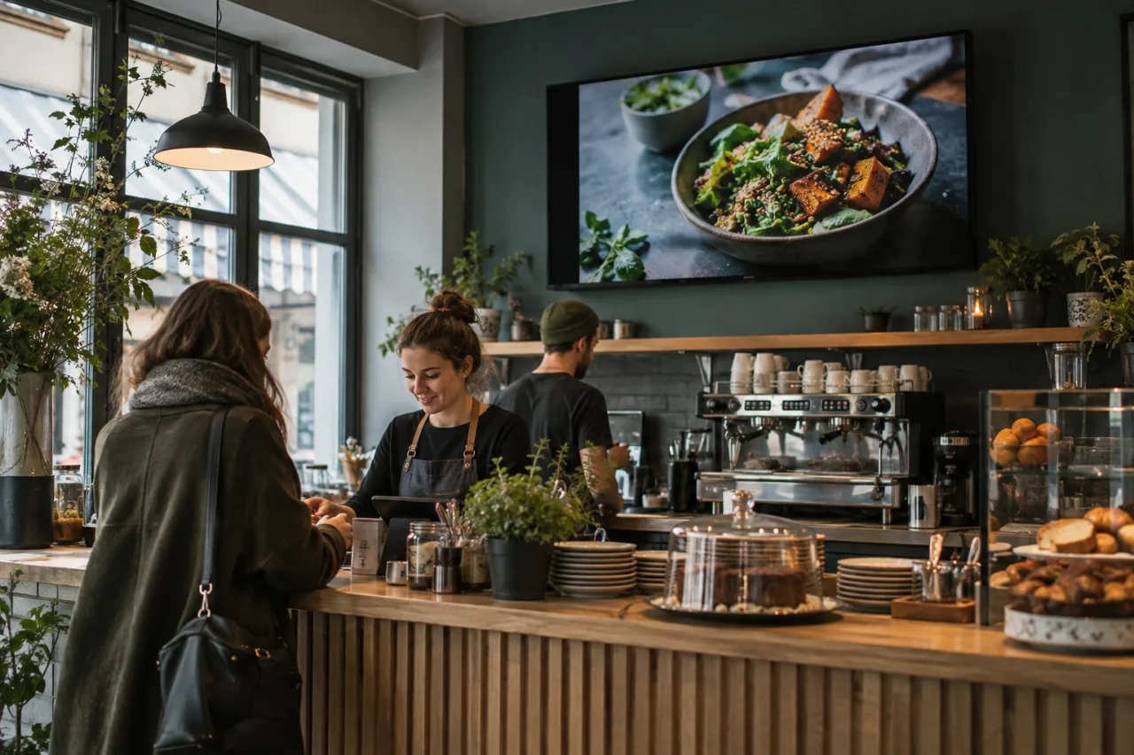 Digitaler Bildschirm über einer Cafétheke